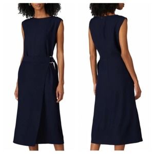 HUGO BOSS Domaneo Dress Navy Blue Tie Front Midi 6